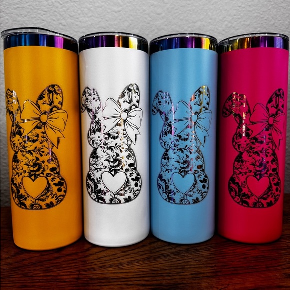 BLUE 20oz Rainbow Plated Powder Coated Skinny Tumblers BLUE FLORAL BOW - Picture 4 of 7